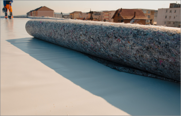 Stone breakwater extends into calm blue water with historic buildings in background